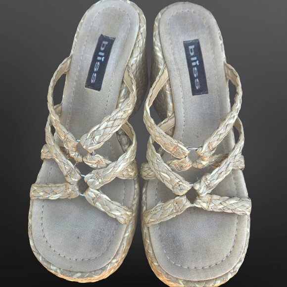 Vintage 90s Y2K Beige Chunky Platform Wedge Sandals Heels Size 10 Raffia Woven - Picture 2 of 9